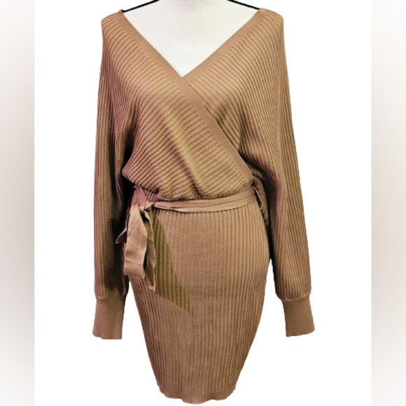Love Tree Tan Ribbed Front Cross Long Sleeve Lightweight Sweater Dress,Large,NWT - Picture 7 of 16